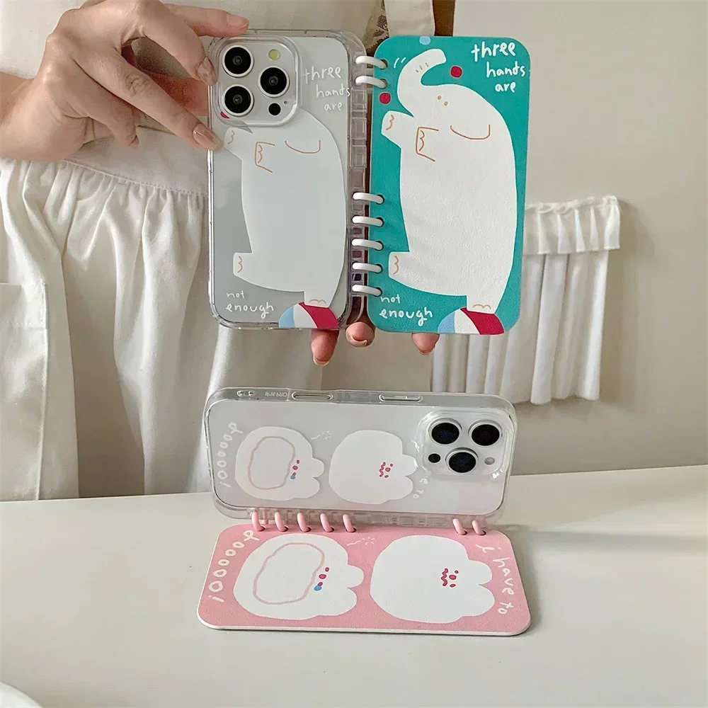 Cute Elephant Rabbit Spiral Notebook Style Flip Phone Case For iPhone 16 Pro Max 15 14 13 Crad Slot Holder Stand Leather Cover