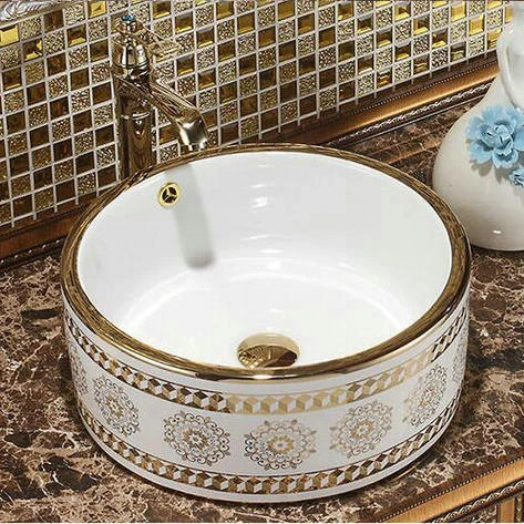 

Golden Glass Powder Patterned Countertop Round Ceramic Bathroom Sink Art Basin With Overflow