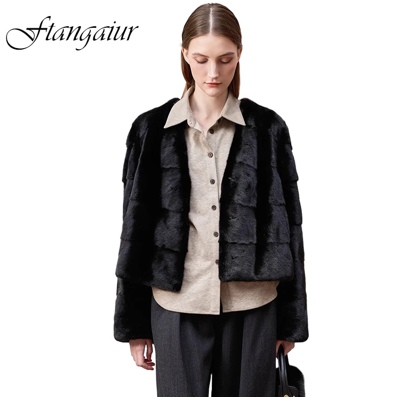 Ftangaiur 겨울 수입 백조 벨벳 밍크 퍼 코트 V넥 심플 스타일 솔리드 밍크 코트 여성용 짧은 천연 리얼 밍크 퍼 코트