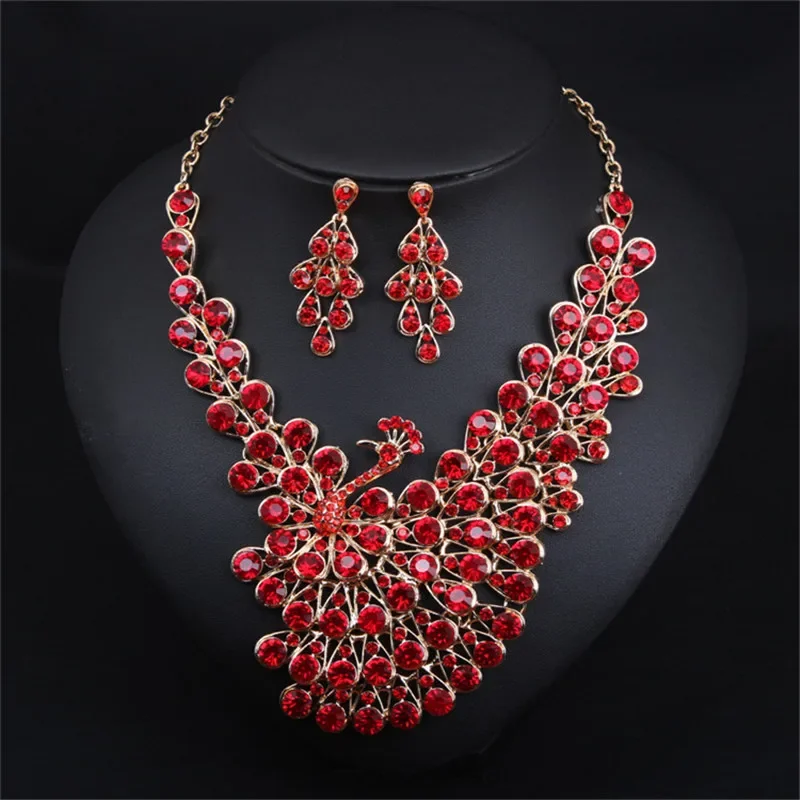 Open Screen Peacock Multi Color Rhinestone Necklace Earrings Dance Jewelry Set Women Gold Color Round Crystal Bridal Jewelry Set