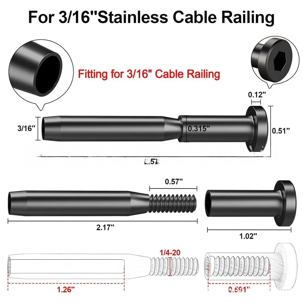 Aa20pcs 316 Stainless Steel InvisibleReceiverDark Cable Railing Fitting For 3/16 Wire Cable Railing Systems Easy Installation