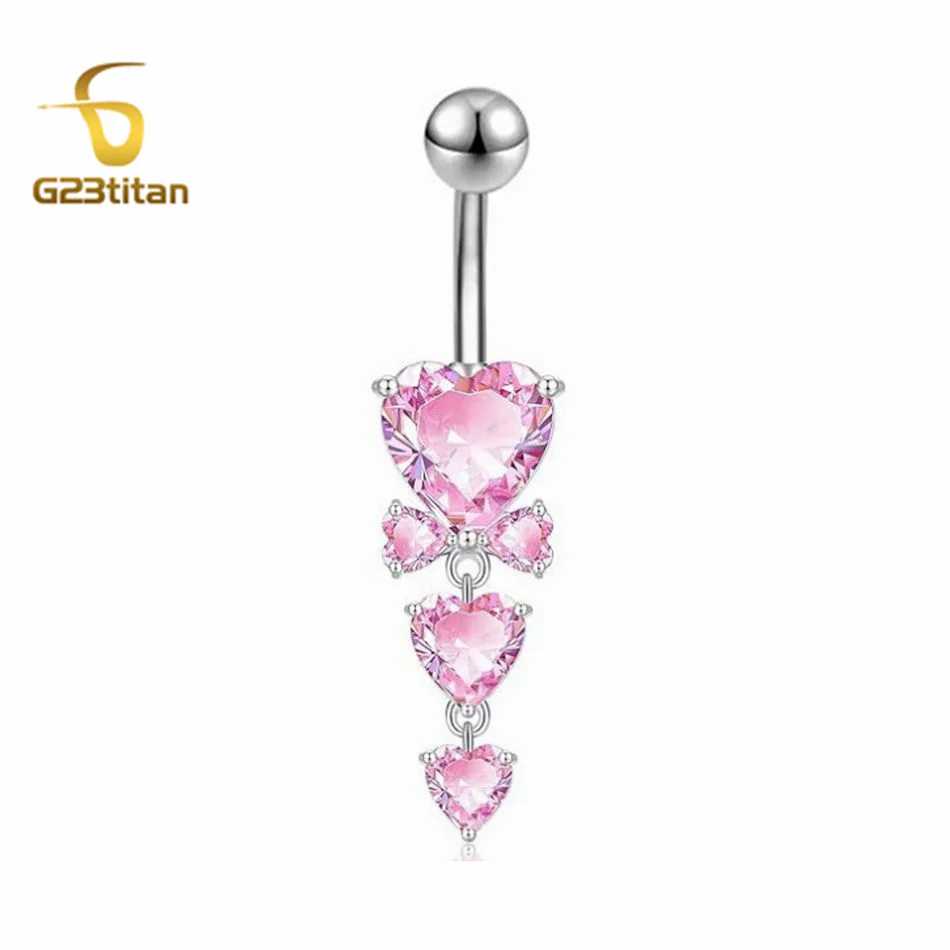 G23Titan Pink Zircon Heart Navel Rings 14G 6-16mm Length Titanium Barbell Belly Button Piercings Ombligo Summer Romantic Jewelry
