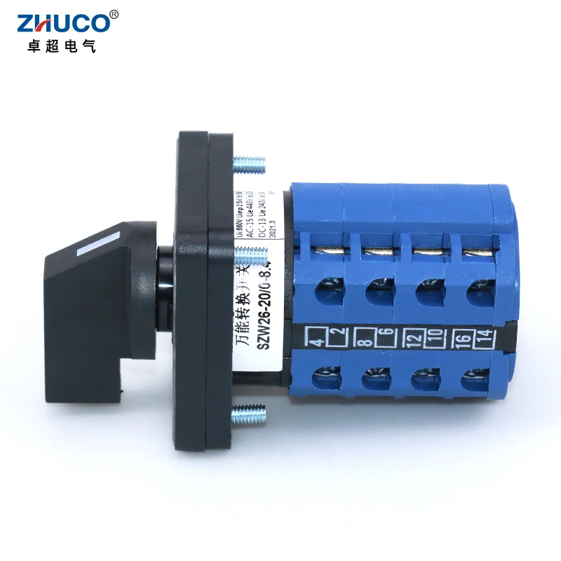 ZHUCO SZW26/LW26-20/0-8.4 20A 4 Pole 16 Terminals 64X64 Mm 48X48 Mm Panel Mounting Cam Changeover Switch Reversing Switches