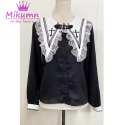 Gothic Lolita Blouse Fairy Grunge Black White Lace Ruffles Cross Embroidery Long Sleeve Shirt Harajuku Y2K Japanese Kawaii Tops