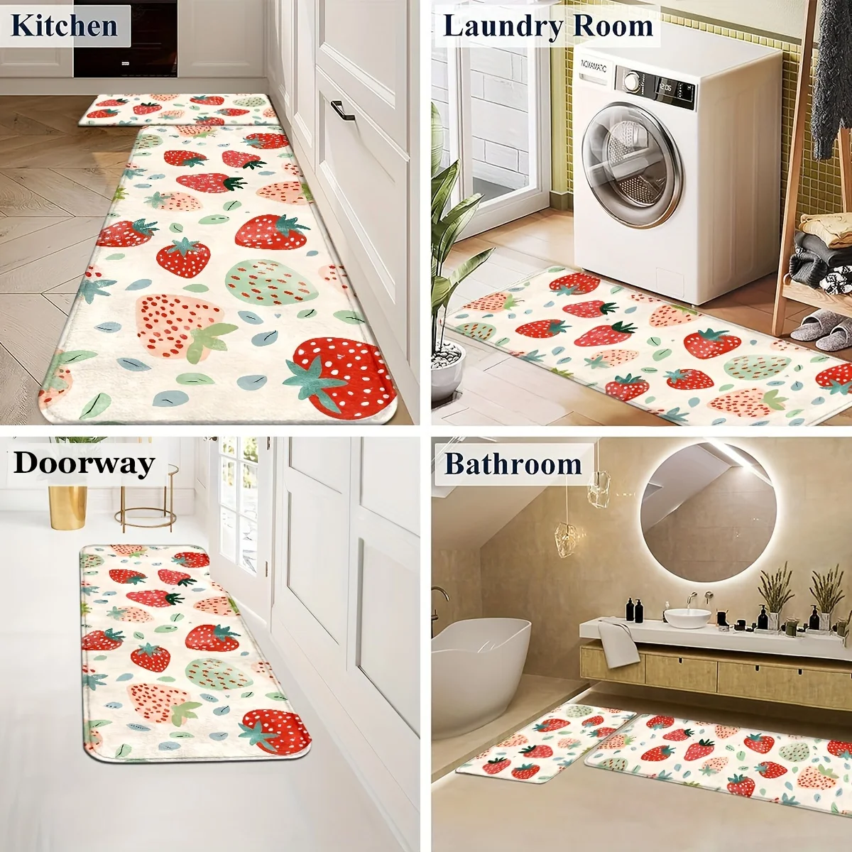 Cute Watercolor Strawberry Print Long Runner Rug, Colorful Fruit Pattern Non-Slip Washable Floor Mat for Entryway Kitchen