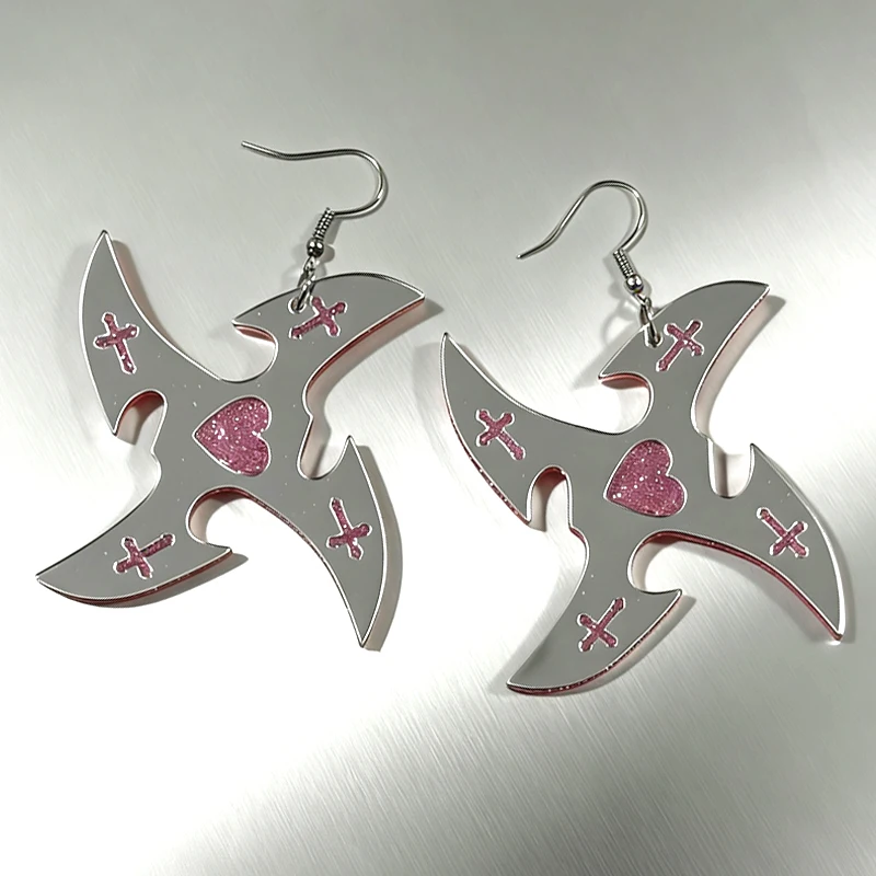 Y2K Jewelry Silver Reflective Pink Cross Earrings for Women Punk