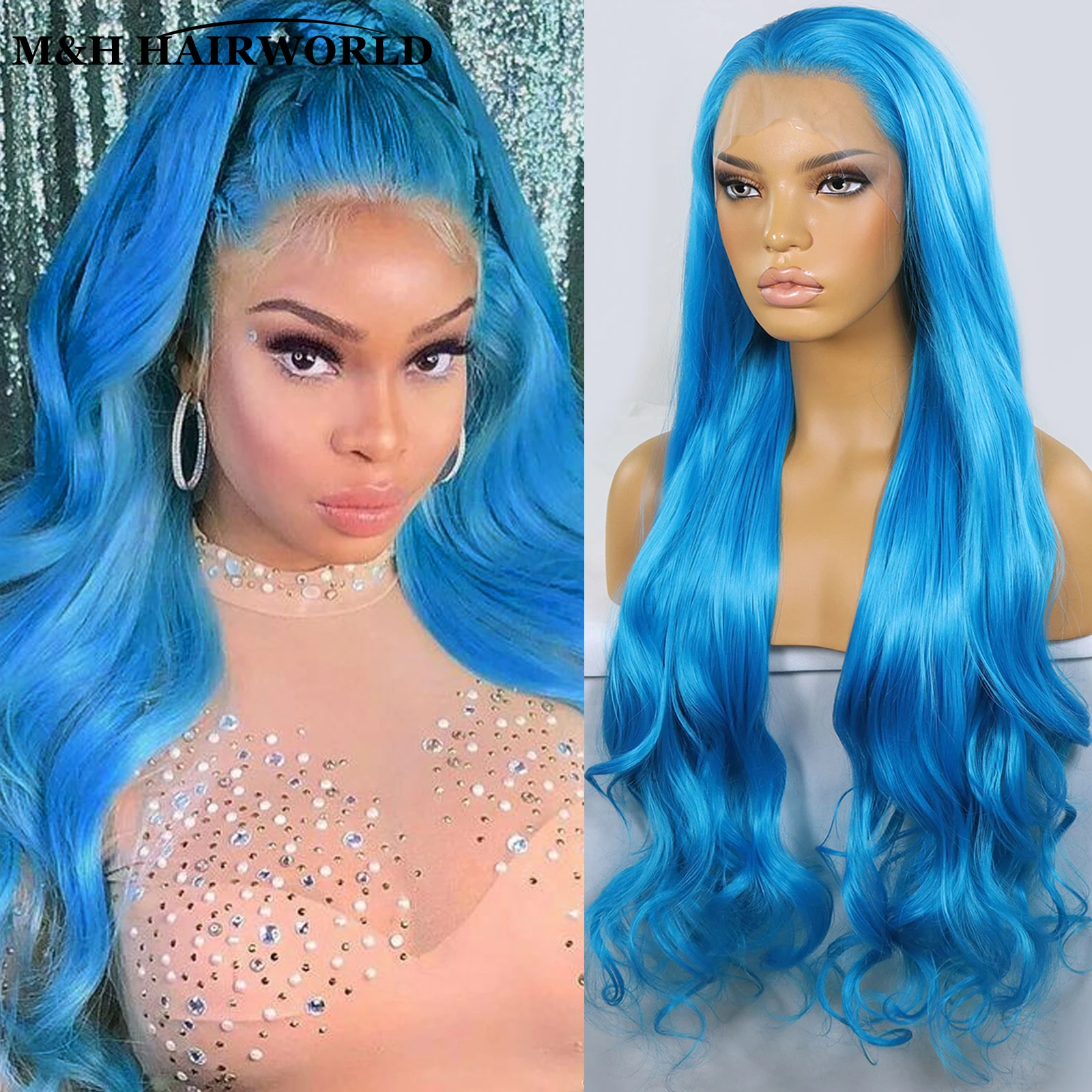 Blue Colored Curly Synthetic Lace Front Wigs For Women Cosplay Long Natural Wavy Heat Resistant Hair Glueless Lace Frontal Wigs