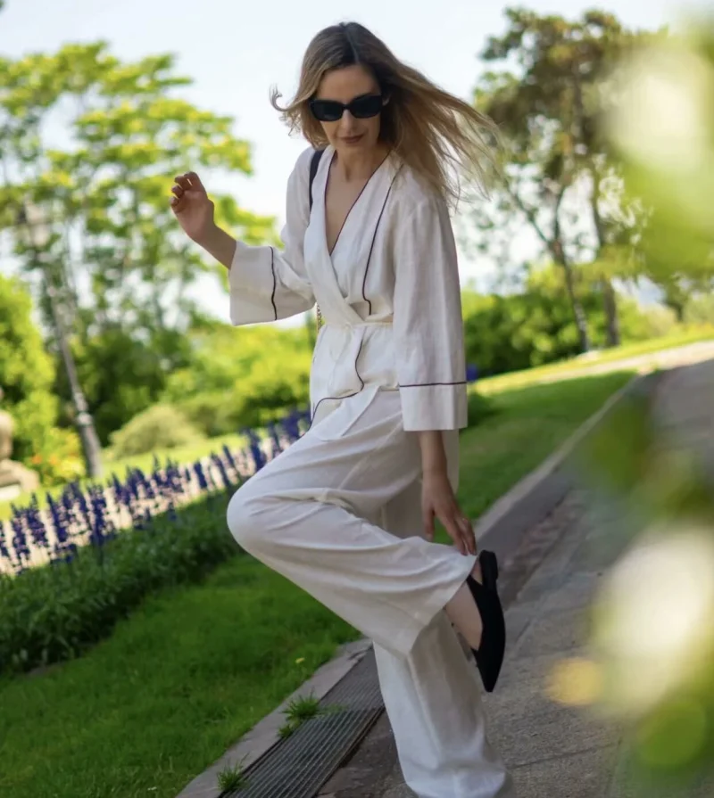 2025 chaqueta de falda doble de manga larga con diseño asimétrico y borde de color choque estilo festivo informal para mujer y pantalones sueltos de pierna ancha