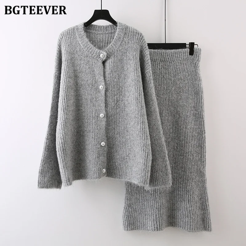 BGTEEVER Elegant Women Sweater Outfits Long Sleeve Single-breasted Cardigans & Package Hip Skirts Ladies 2 Pieces Knitted Set