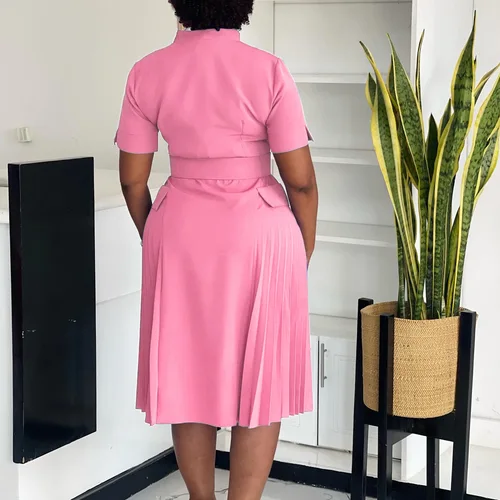 Imagen 2 del producto Vestidos de fiesta elegantes para mujer, cuello en V, manga corta, cinturón, cintura plisada, media pantorrilla, moda para mujer, ropa de noche para cena de cumpleaños