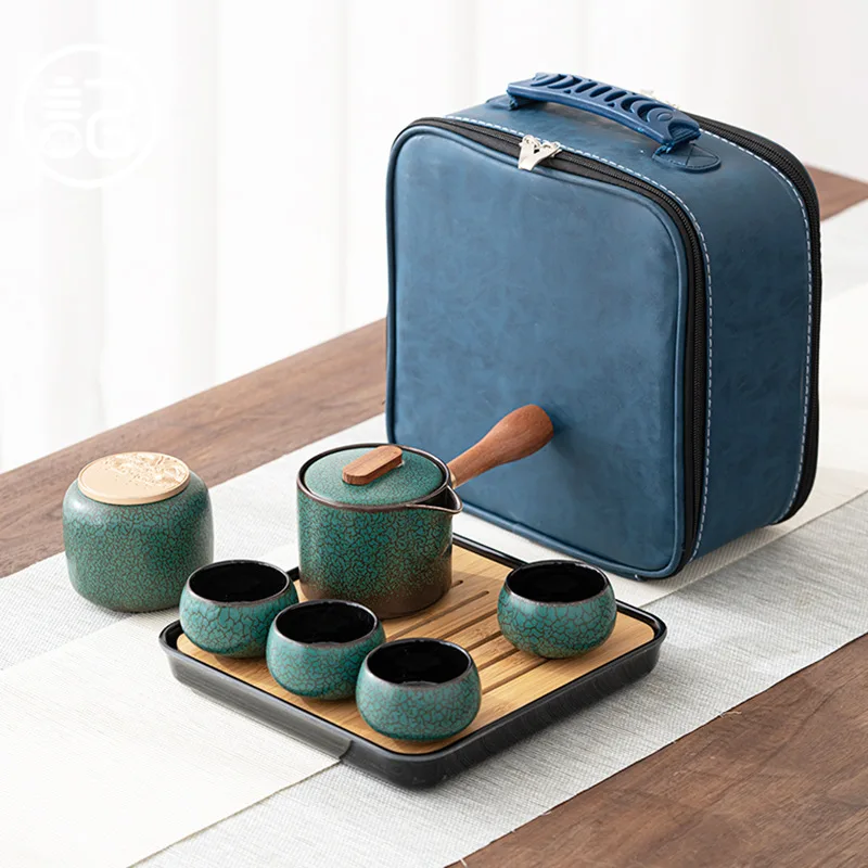 Peacock Green Japanese Travel Ceramic Tea Set Portable Outdoor Camping Tea Lift Kettle One Pot Four Cups Multiclor Gift Set Cups
