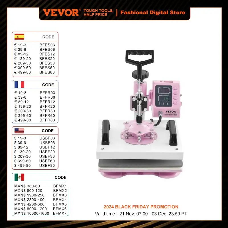 VEVOR Heat Press 12 x 10inch  360° Swing Away T-Shirt Pressing Machine Heat Transfer Machine for T-Shirts& Pillows Bags & Pink