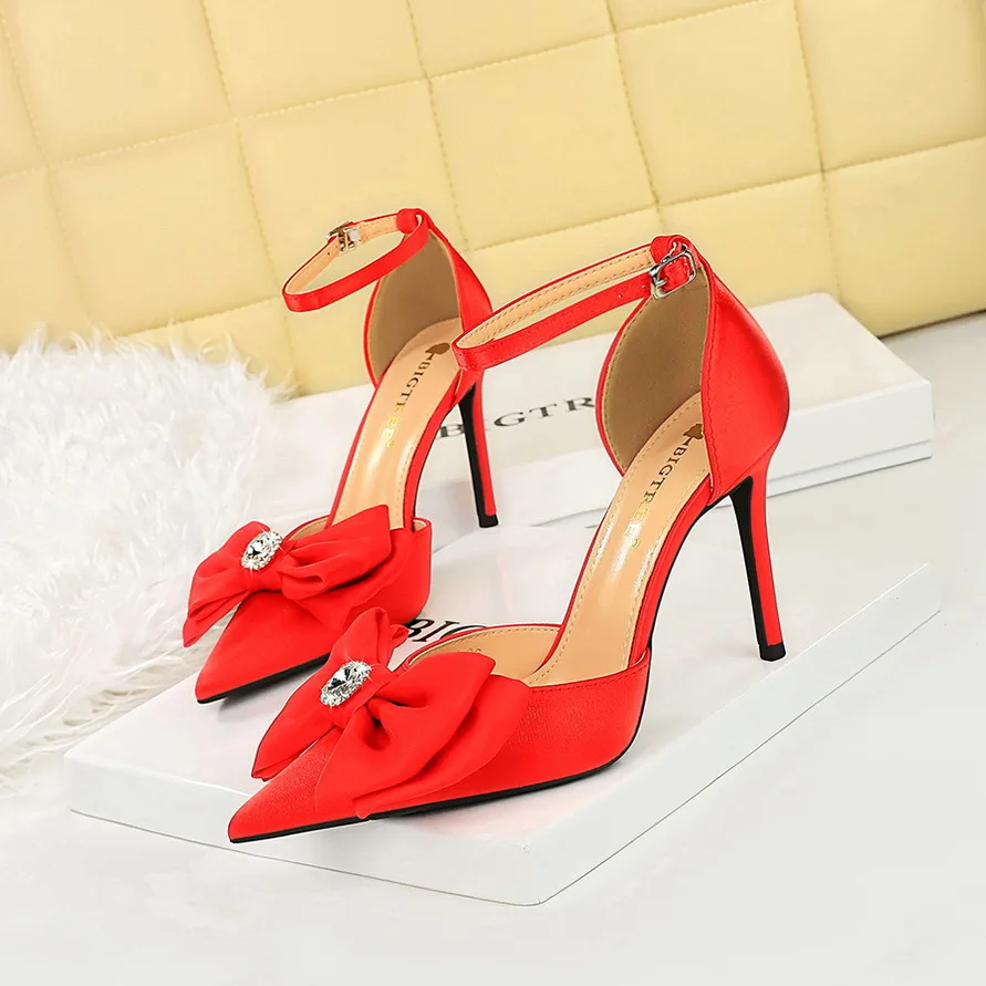 

European American Red High Heels Women's Shoes Solid Color Shallow Mouth Pointed Toe Hollow Bow Ladies Sexy High Heel Sandals