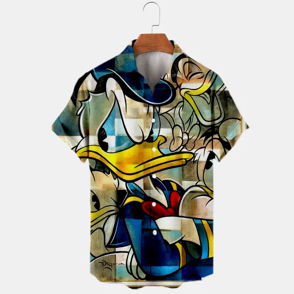 Camisa de manga corta con estampado 3D de dibujos animados para hombre, Top informal ajustado con solapa, moda Harajuku, Mickey y Pato Donald, verano, 2024