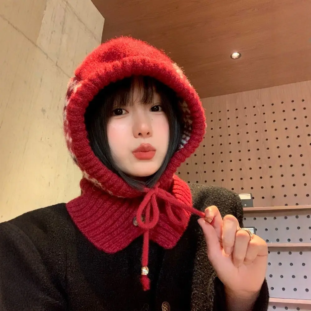 Urocza czapka typu pulower, żakardowa kominiarka, czapka beanie z nadrukiem, czapka z ochroną uszu, prosta czerwona czapka zimowa damska/dziewczęca
