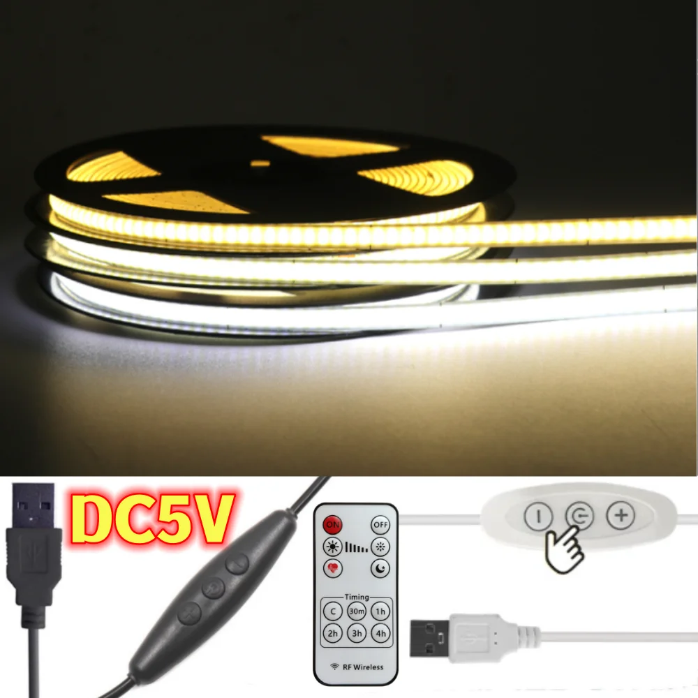 RA90 Dimmable FCOB LED Strip USB Flexible Tape Light Bar With RF Remote Control 5V 320LEDs/m Ribbon 3000K-6500K 5MM Width PCB