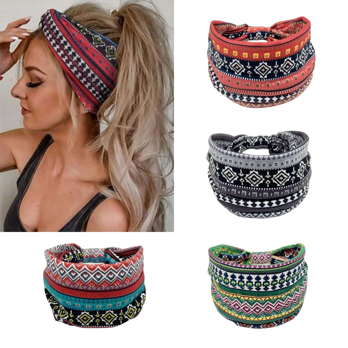 

4pcs Boho Chic Wide Headbands for Women, 4pcs Sweat-Wicking, Lightweight Yoga & Sports Hair Bands, Vintage Print Design, And Wide Elastic Headscarves for Hair Additions,sport,Vintage Print Design
