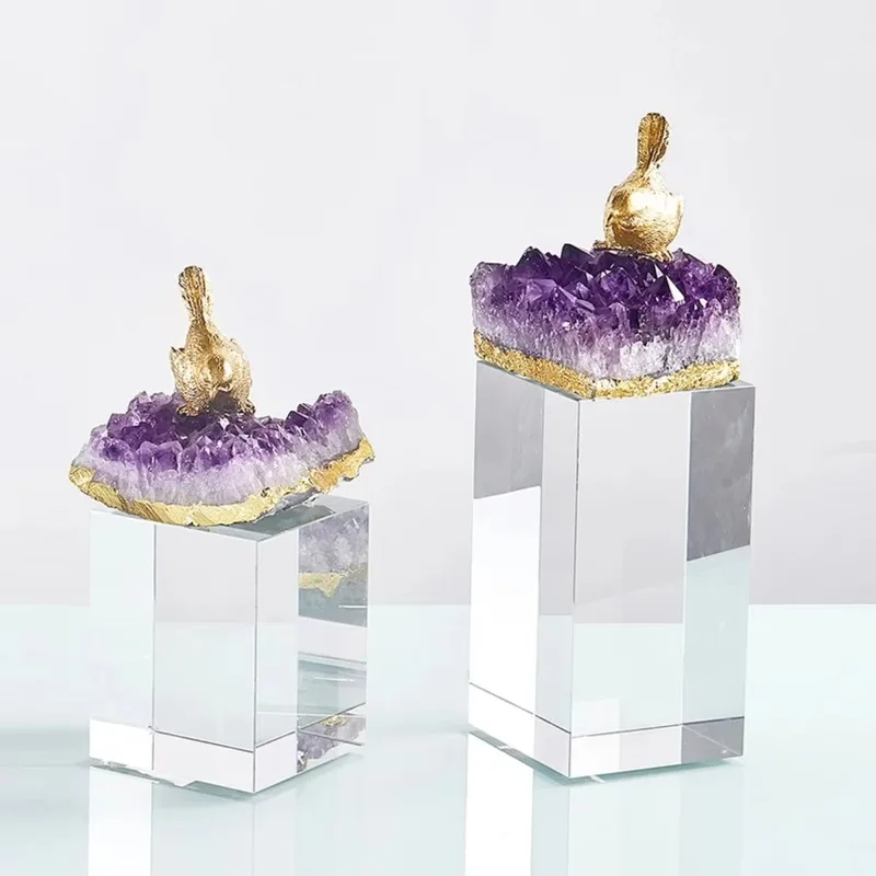 Modern Copper Bird Office Villa Home Decor Purple Natural Agate Living Room Brass Crystal Ornament