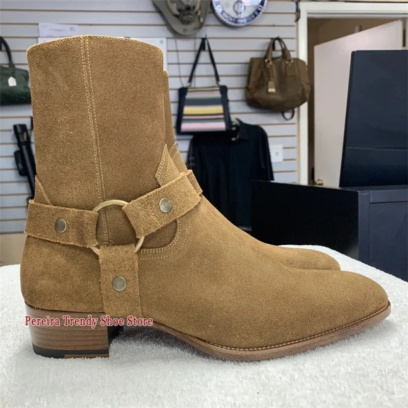 

Men's Suede Chelsea Boots British Style Metal Ring Buckle Pointed Toe Short Boots Autumn Winter New Fashion Cowhide Men Shoes