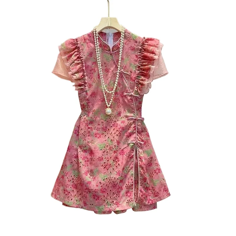 

Chinese Style Women Dress Shorts Two Piece Set 2026 New Ear Ear Edge Plate Buckle Diagonal Open