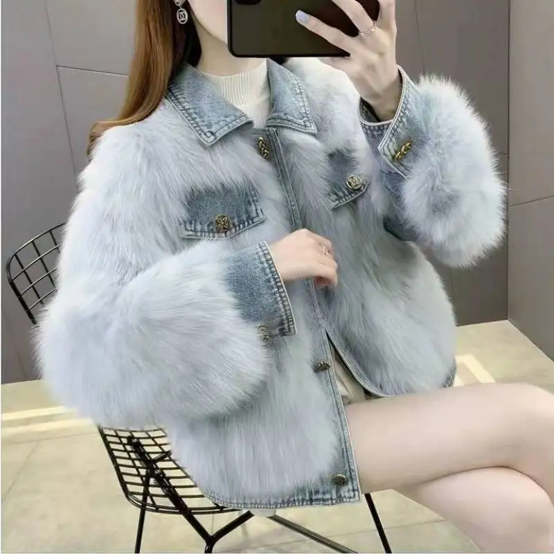 Denim Patchwork Jacket Women's 2022 Winter New Lapel Imitation Faxu Fox Fur Coat Warmth Outwear