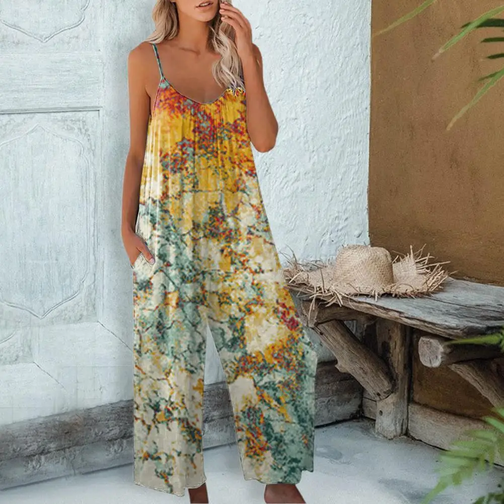 Floral Spaghetti Straps Women Jumpsuit Fashion Print High Waist Sexy Overalls Suspenders Sling Backless Boho Jumpsuit Streetwear