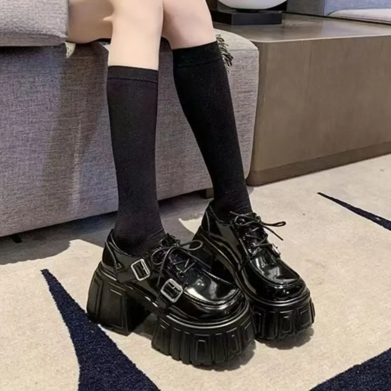 

Punk Style Lace Up Metal Buckle 9cm Height Increase Thick Heel Small Leather Shoes for Women's Spring and Autumn New Le Fu Shoes