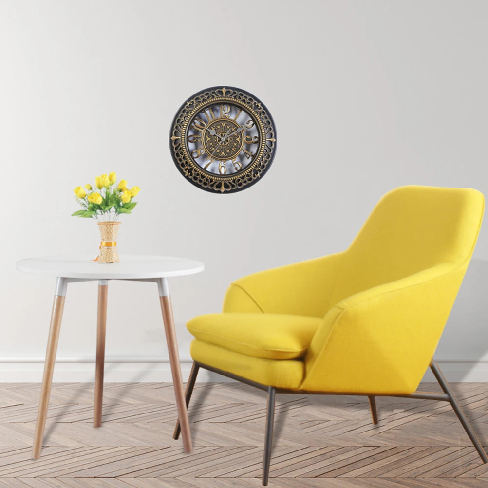 

12-Inch Vintage Dial Clock Golden Large 3D Round Hollowed-Out Silent Decorative Wall Clock for Living Room Bedroom Kitchen