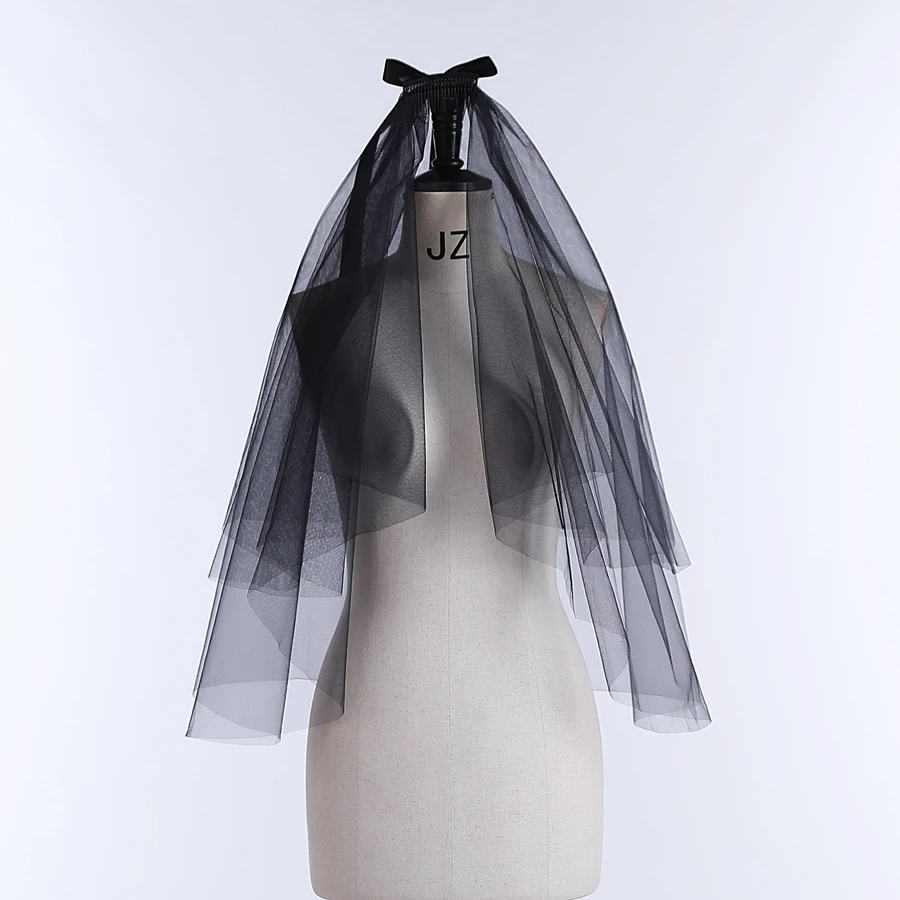 Wholesale Short Wedding Veils Black Two Layer Bridal Veils With Bowknot Decor Bridal Accessories Velo De Novia