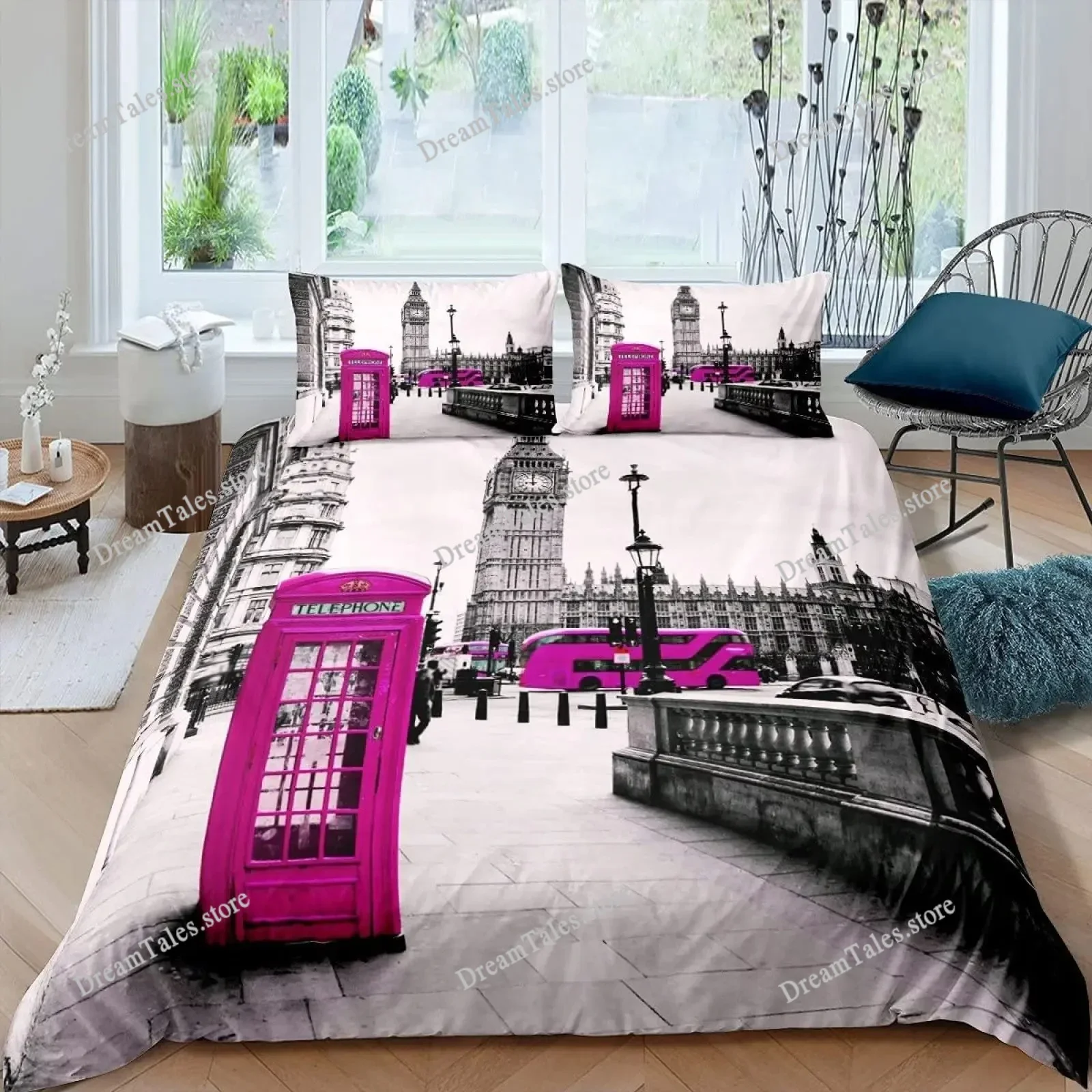 

Big Ben Comforter Cover Boys Famous Telephone Booth Bedding Set for Teens Retro London Cityscape Duvet Cover Set with Pillowcase