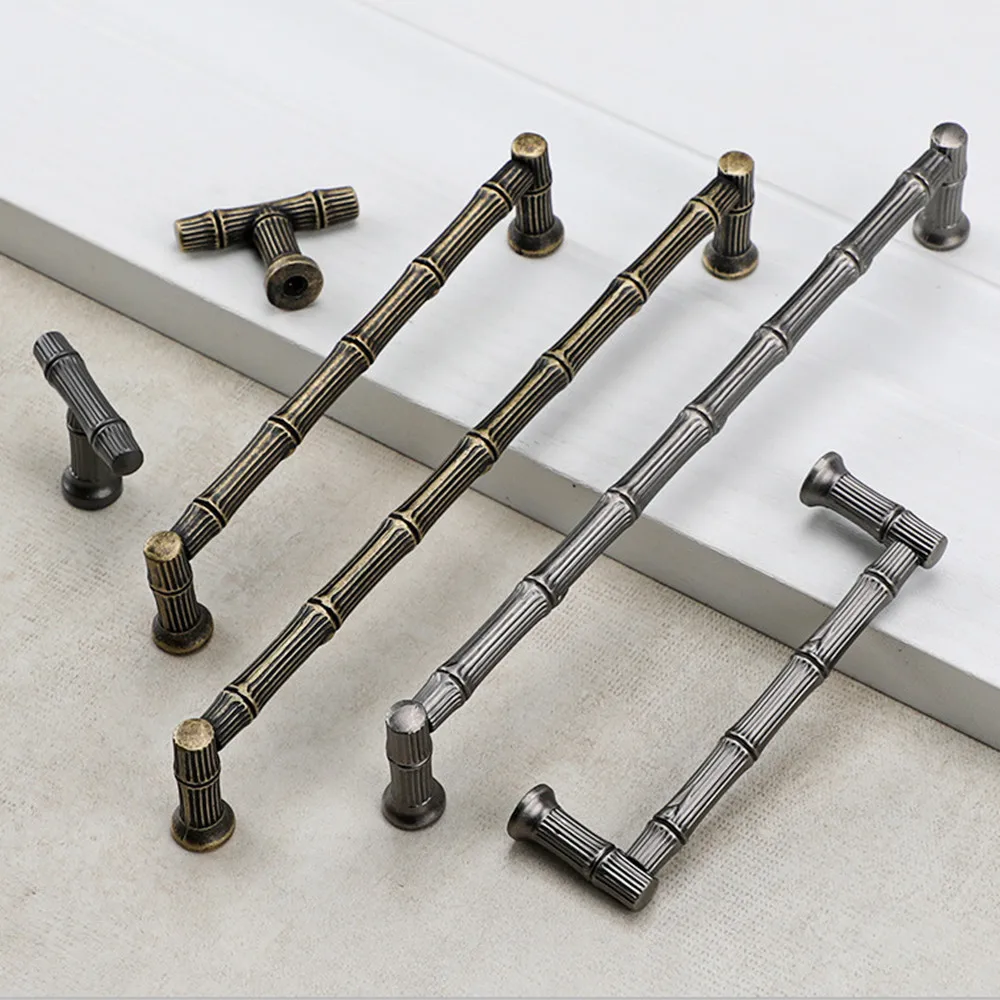 96 128 192mm European Retro Solid Bamboo Wardrobe Cupboard Door Handle Antique Silver Bronze Drawer Kitchen Cabinet Dresser Knob