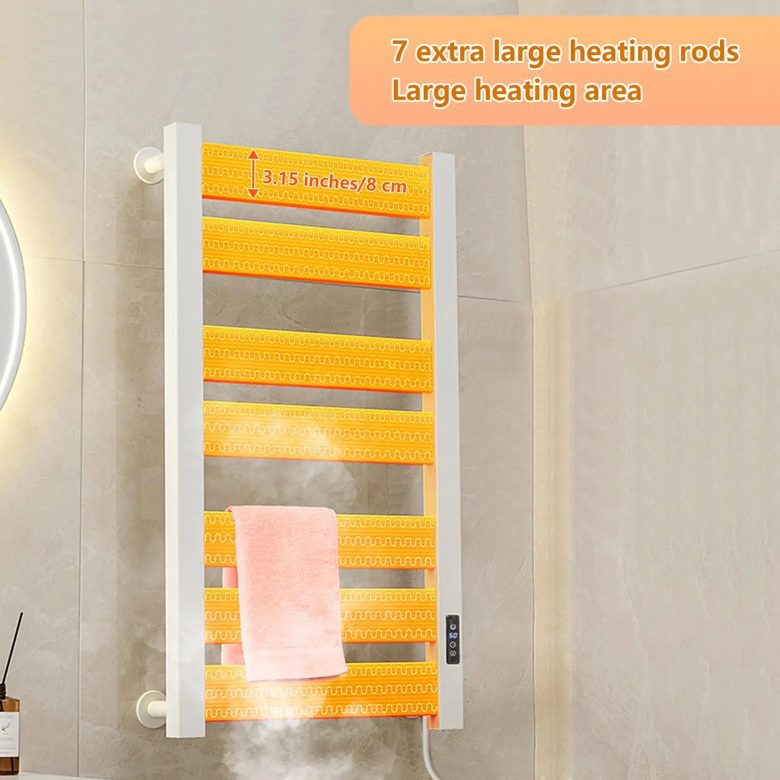 رف المناشف الكهربائية، رف تسخين مناشف الحمام المثبت على الحائط ورف تجفيف المناشف مع وظائف توقيت وتعديل درجة الحرارة.