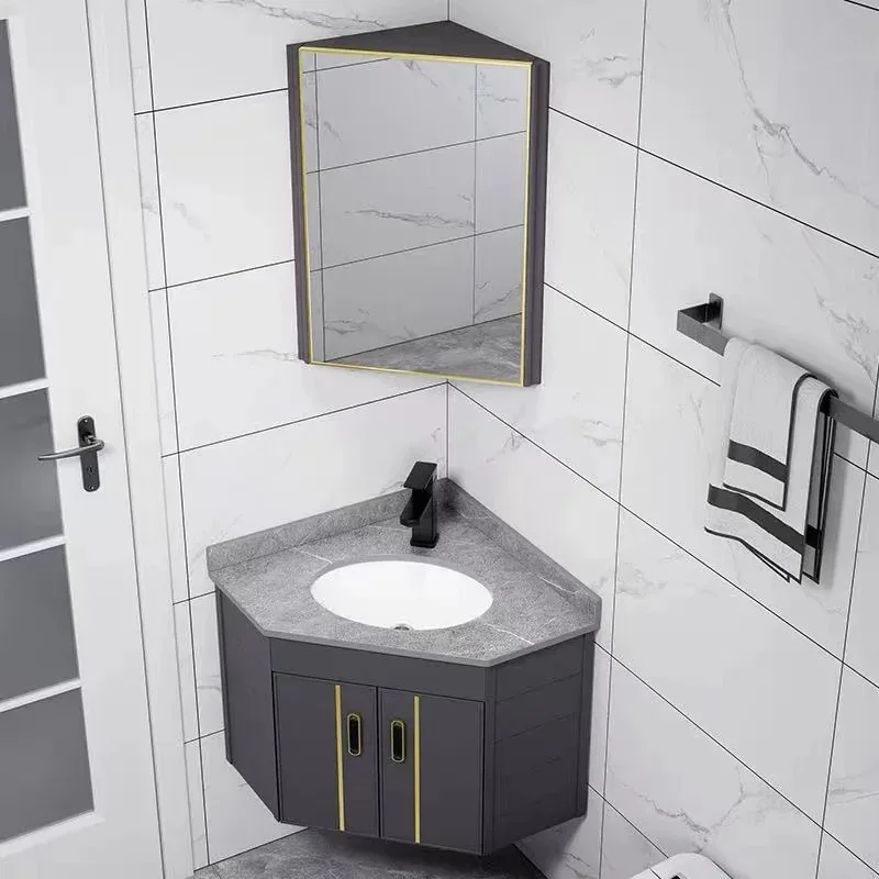 

Bathroom Wall Floating Small PVC Bathroom Vanity Triangle Corner Vanity Cabinets Combo Set with Sink Accessories