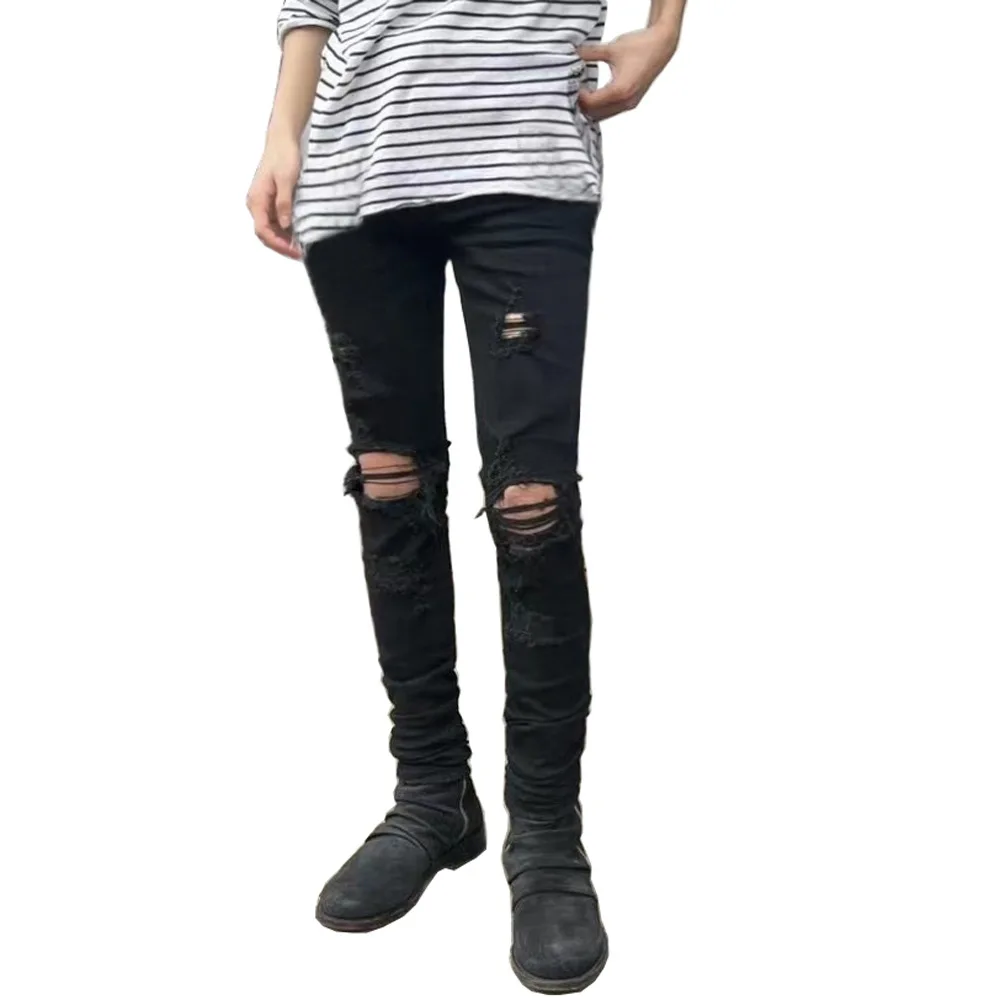 

Ankle Length Hole Pencil Pants Vintage Ripped Jeans Washed Denim Men Distressed Skinny Pockets Solid 2024 High Street Slim