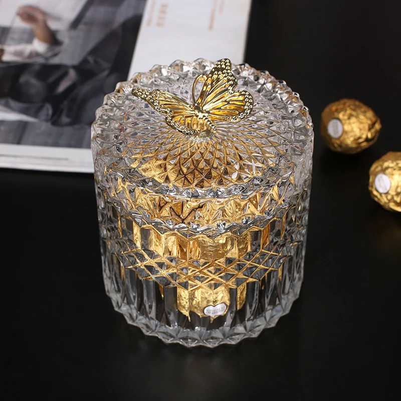 Golden Butterfly Dragonfly Crystal Glass Storage Jar Jewelry Box Sugar Bowl Household Aromatherapy Candle Bottle Glass Container