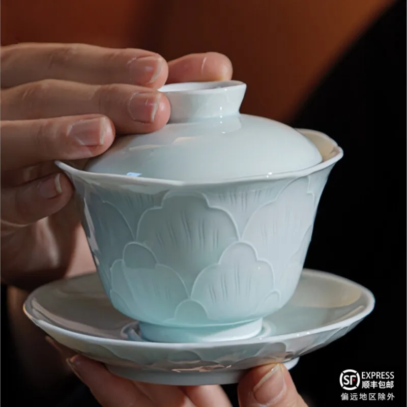 

Jingdezhen ceramic shadow blue white porcelain relief cover home tea set
