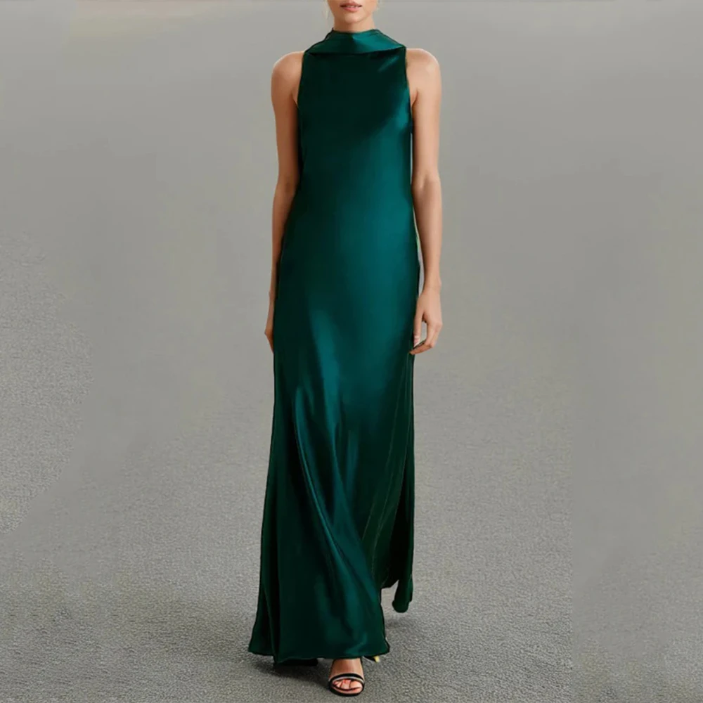 

Dream Green Elegant Evening Dresses Satin for Floor-Length Halter Sleeveless Prom Dress Straight Vestidos De Fiesta Customized