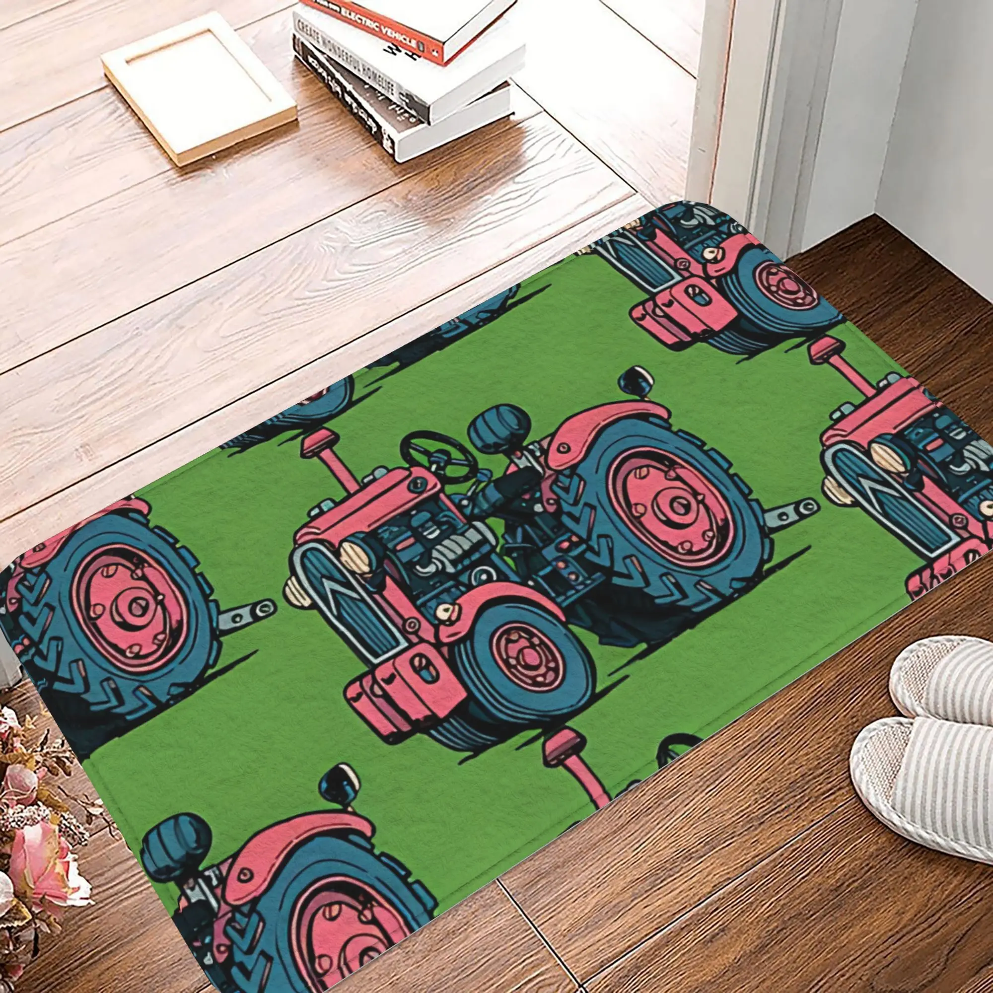Tractor Doormat – Non-Slip Flannel with Vintage Pink and Blue Green Farm Tractors on Green Background, Entryway Kitchen
