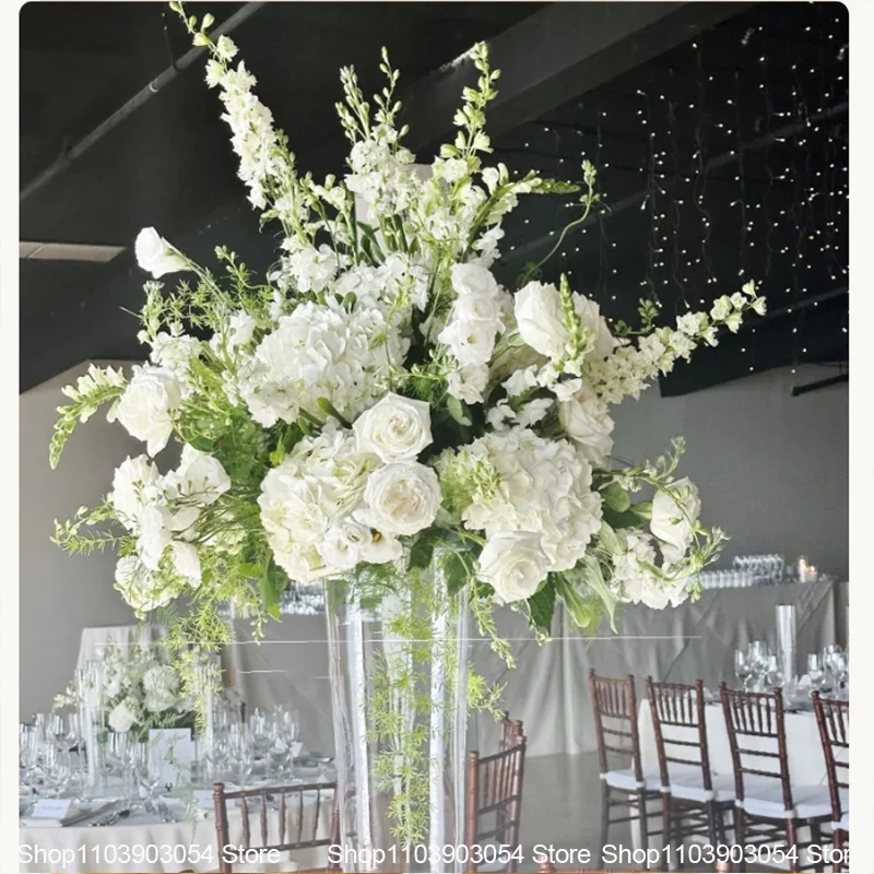 Weiße Hochzeitstischdekoration, künstliche Blumenarrangements, Hortensien, Rosen, Delphinien, Blumen für Hochzeitsfeier, Partydekoration – Detail 5