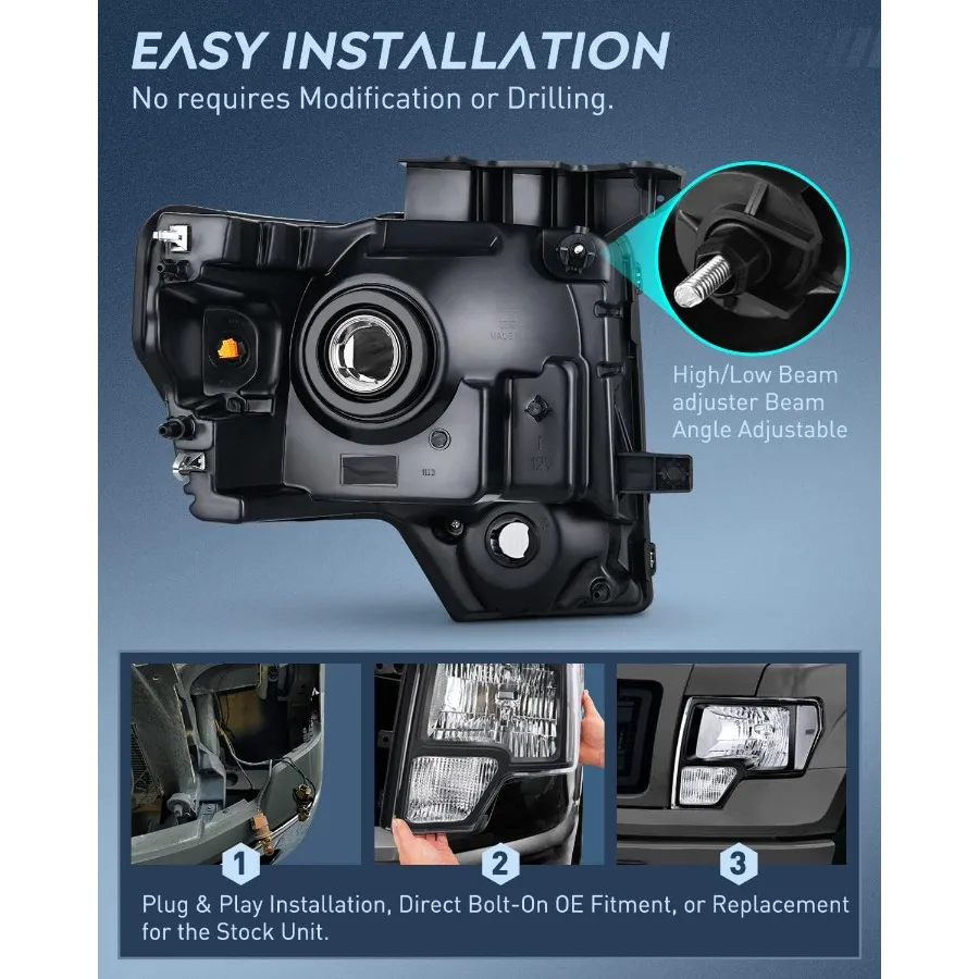 20092014 F150 مجموعة مصابيح أمامية مع غطاء أسود وعدسة زاوية واضحة للسائق والراكب الجانب استبدال كشافات Ki