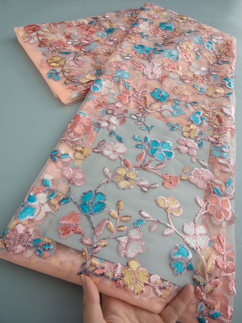 موضة الفرنسية شبكة التطريز الخرز أقمشة الدانتيل مع الترتر الأفريقي النيجيري تول النسيج لفستان حفل الزفاف ، 5 ياردة 4606