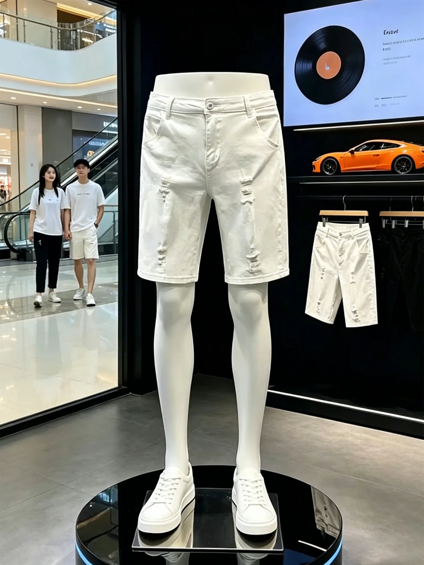 

White Ripped Denim Shorts Men's Summer American Retro Casual Five-Point Trendy Half-Pants Loose Fit mid Waist Polyester Fiber