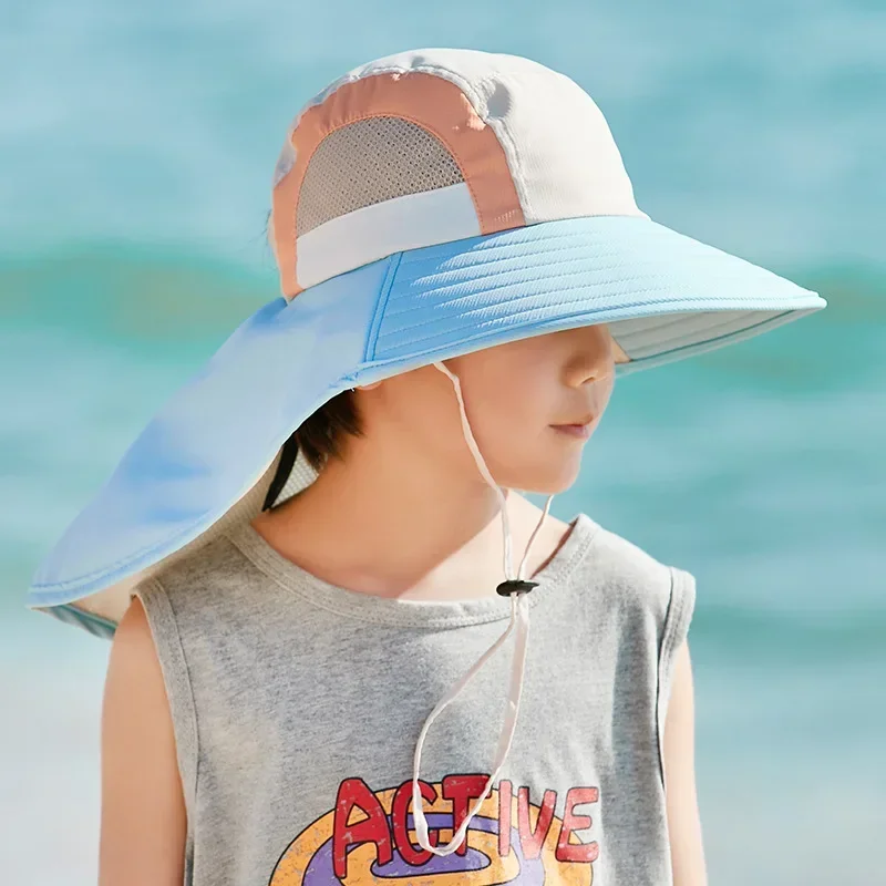 Summer Baby Sun Hat with Neck Flap UV Protection Strap Wide Brim Beach Hats Kids Bucket Hat Cap for Boys Girls Outdoor