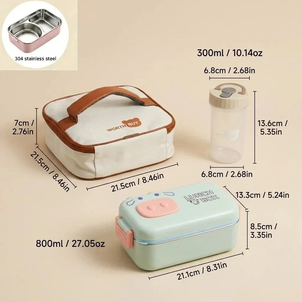 304 roestvrijstalen bentobox, schattige lunchbox voor kinderen, geschikt voor gebruik in de magnetron, met vakken, luchtdichte bewaardozen voor voedsel en bestek, ideaal voor school.