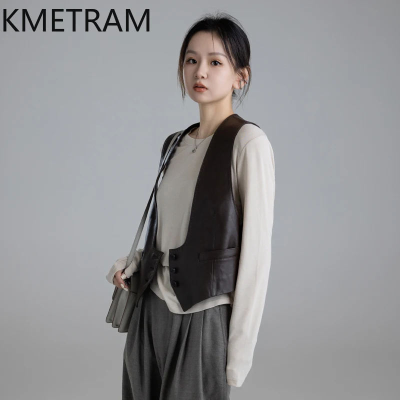 KMETRAM U-förmige Weste aus natürlichem Schaffell, kurz, neue Echtlederjacke, 2025, Herbstmäntel für Damen, Lederjacke Damen Ees Leder