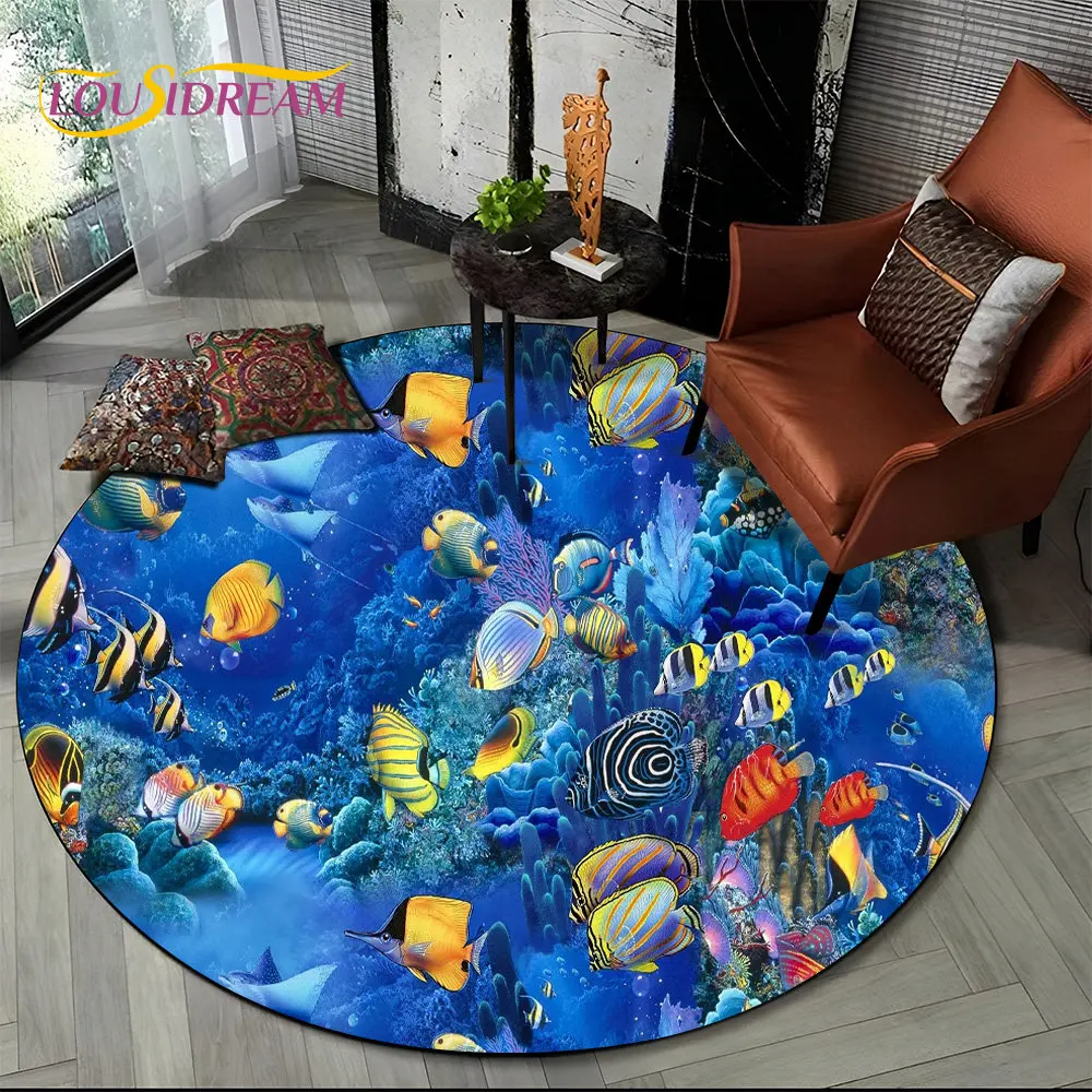 3D Seabed Underwater World Dolphin Turtle Round Area Rug,Carpet for Living Room Bedroom Sofa Playroom Decor,Non-slip Floor Mat