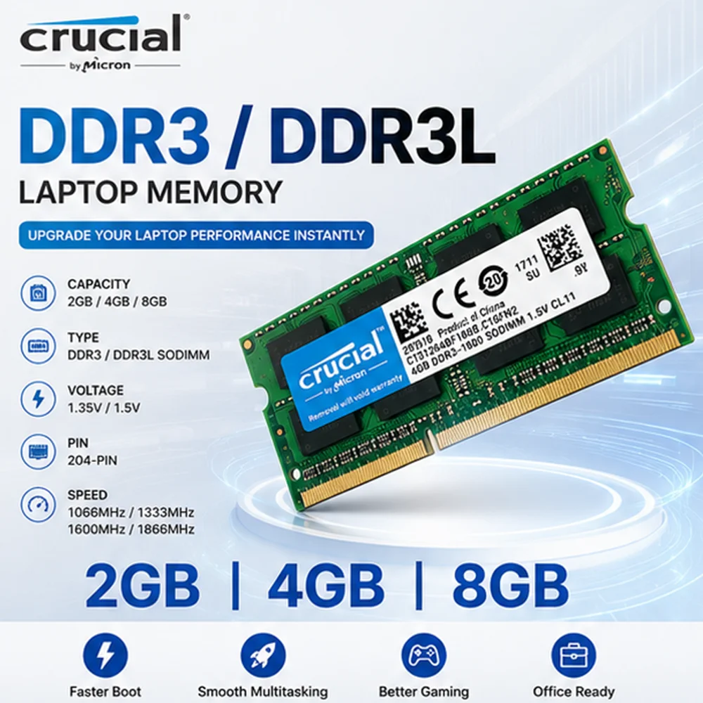 Memória DDR3 Crucial para Notebook, RAM DDR3L 2GB 4GB 8GB SODIMM 1066 1333 1666 1866MHz 204Pin 1.35V/1.5V RAM PC3-10600 12800 para Laptop