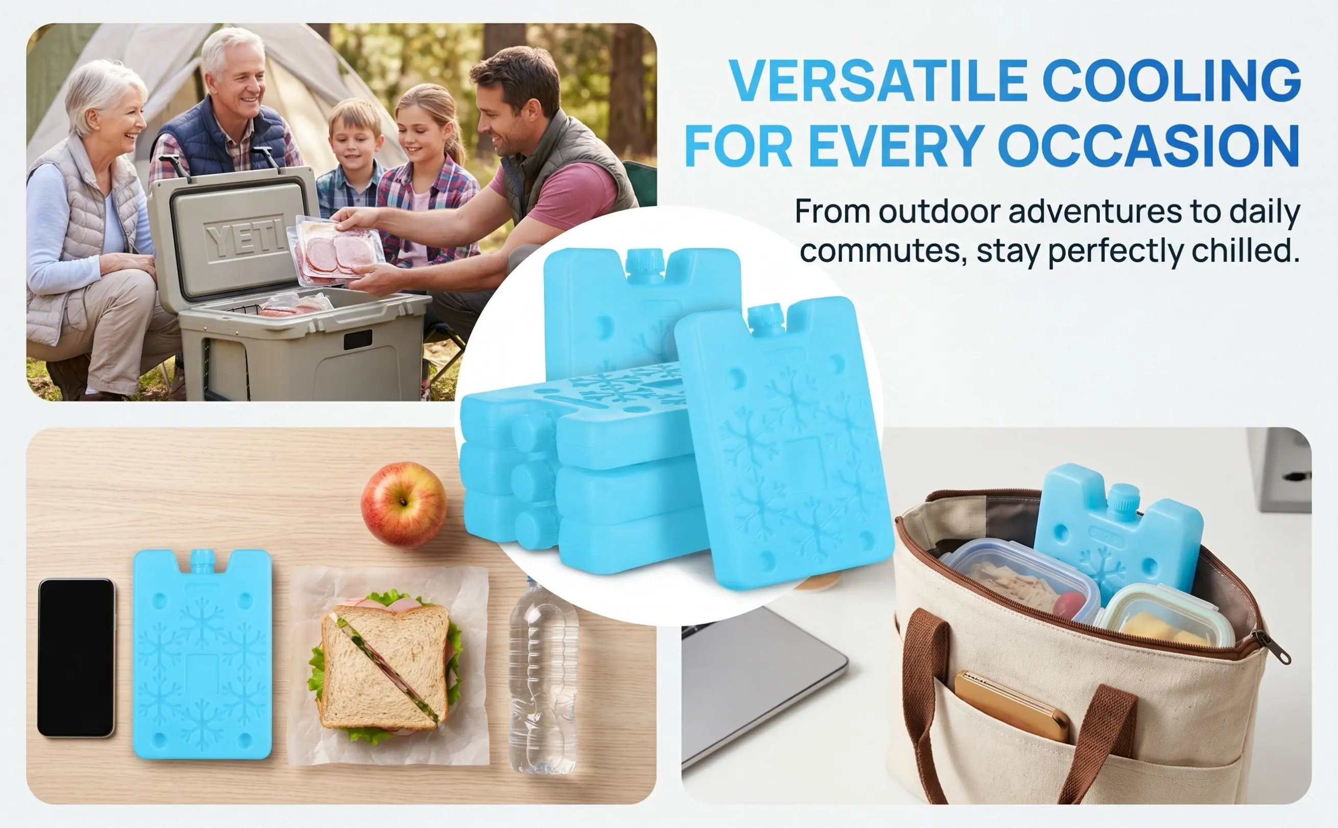 4pcs Reusable Ice Packs for Cooler, Lunch Box & First Aid – Flexible Gel Cooling Blocks, PE Construction