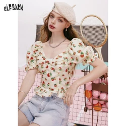 ELFSACK 2024 summer new arrival French Strawberry Print Waisted Ruffled Edge Puff Sleeve Temperament Short Sleeve Shirt for wome