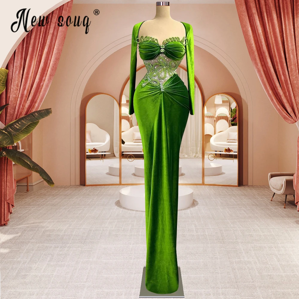 Skinny Evening Dress Green Pearls Pleated Prom Gowns 2023 Elegant Long Sleeve Mermaid Party Dresses Arabic Celebrity Dresses